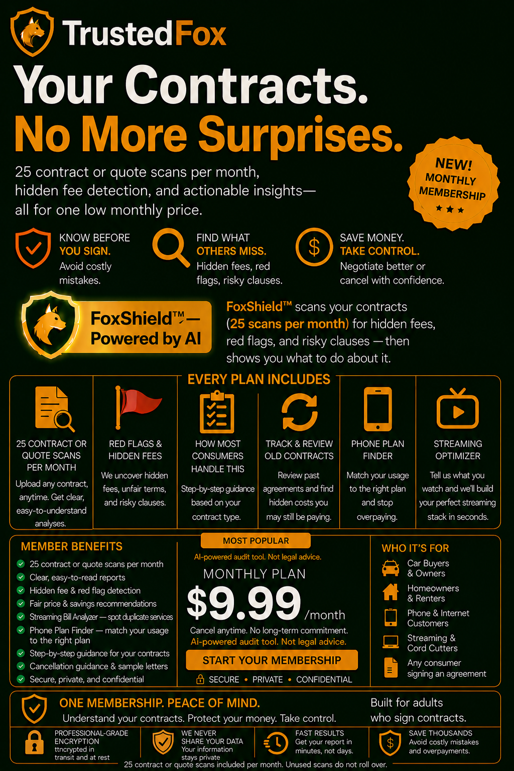 FoxShield™ consumer protection membership — hidden fee detection, bill analyzer, phone plan finder, old contract audits, and cancellation guidance for $9.99/month