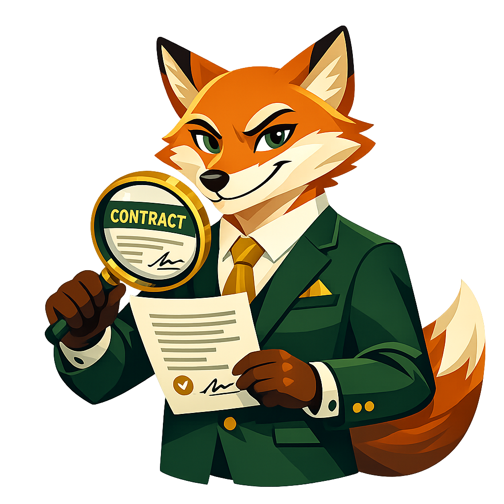TrustedFox mascot — a fox in a green suit inspecting a contract